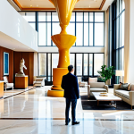 **

"A brightly lit hotel lobby featuring modern sculptures and carefully chosen furniture, fully clothed guests admiring the art, high ceilings with natural light streaming through large windows, safe for work, perfect anatomy, correct proportions, professional photograph, appropriate content, fully clothed, family-friendly."

**