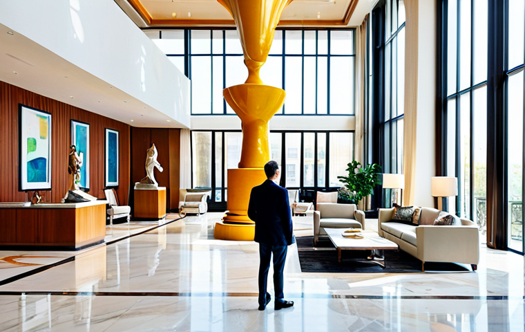 **

"A brightly lit hotel lobby featuring modern sculptures and carefully chosen furniture, fully clothed guests admiring the art, high ceilings with natural light streaming through large windows, safe for work, perfect anatomy, correct proportions, professional photograph, appropriate content, fully clothed, family-friendly."

**